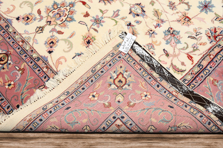 8x10 Ivory, Dusty Rose, Sage Color Hand Knotted Indo Kashan Wool Traditional Oriental Rug