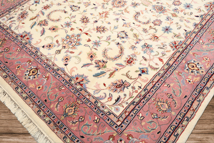 8x10 Ivory, Dusty Rose, Sage Color Hand Knotted Indo Kashan Wool Traditional Oriental Rug