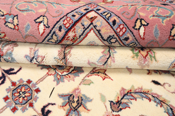 8x10 Ivory, Dusty Rose, Sage Color Hand Knotted Indo Kashan Wool Traditional Oriental Rug