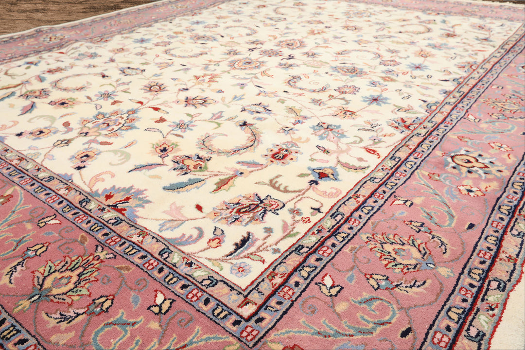 8x10 Ivory, Dusty Rose, Sage Color Hand Knotted Indo Kashan Wool Traditional Oriental Rug