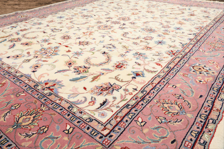 8x10 Ivory, Dusty Rose, Sage Color Hand Knotted Indo Kashan Wool Traditional Oriental Rug