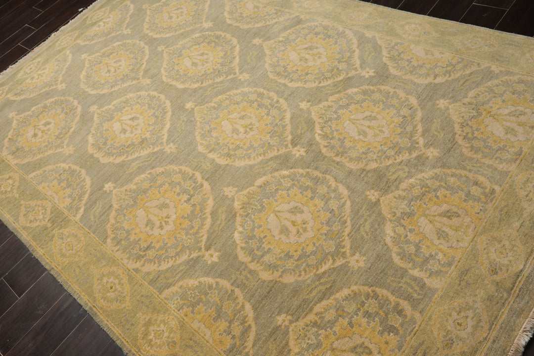 6x9 Celadon, Mint, Gold Color Hand Knotted Tibetan Wool Transitional Oriental Rug