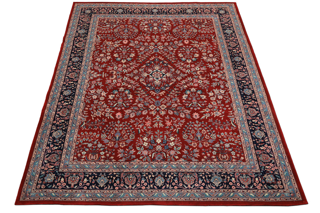 8x10 Red, Navy, Aqua Color Hand Knotted Indo Sarouk New Zealand Wool Traditional Oriental Rug