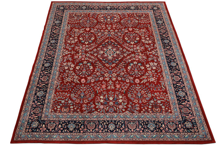 8x10 Red, Navy, Aqua Color Hand Knotted Indo Sarouk New Zealand Wool Traditional Oriental Rug