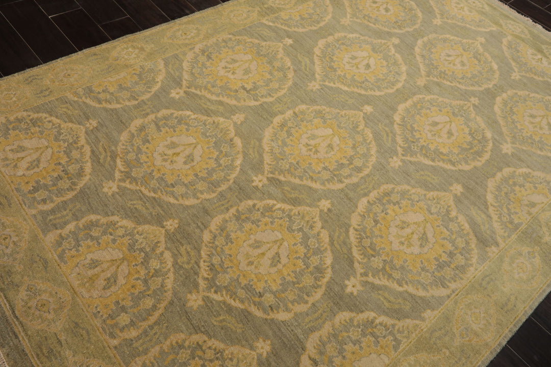 6x9 Celadon, Mint, Gold Color Hand Knotted Tibetan Wool Transitional Oriental Rug