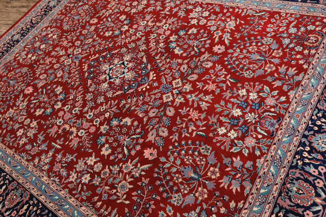 8x10 Red, Navy, Aqua Color Hand Knotted Indo Sarouk New Zealand Wool Traditional Oriental Rug