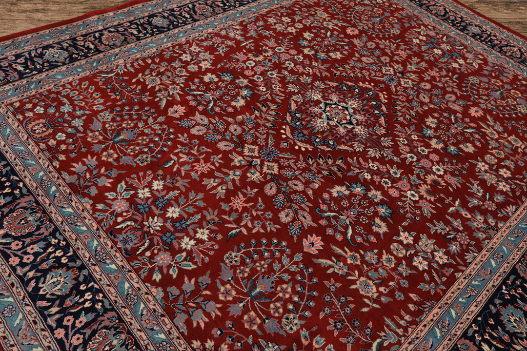 8x10 Red, Navy, Aqua Color Hand Knotted Indo Sarouk New Zealand Wool Traditional Oriental Rug