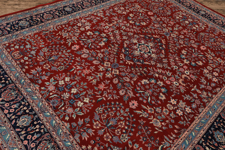 8x10 Red, Navy, Aqua Color Hand Knotted Indo Sarouk New Zealand Wool Traditional Oriental Rug