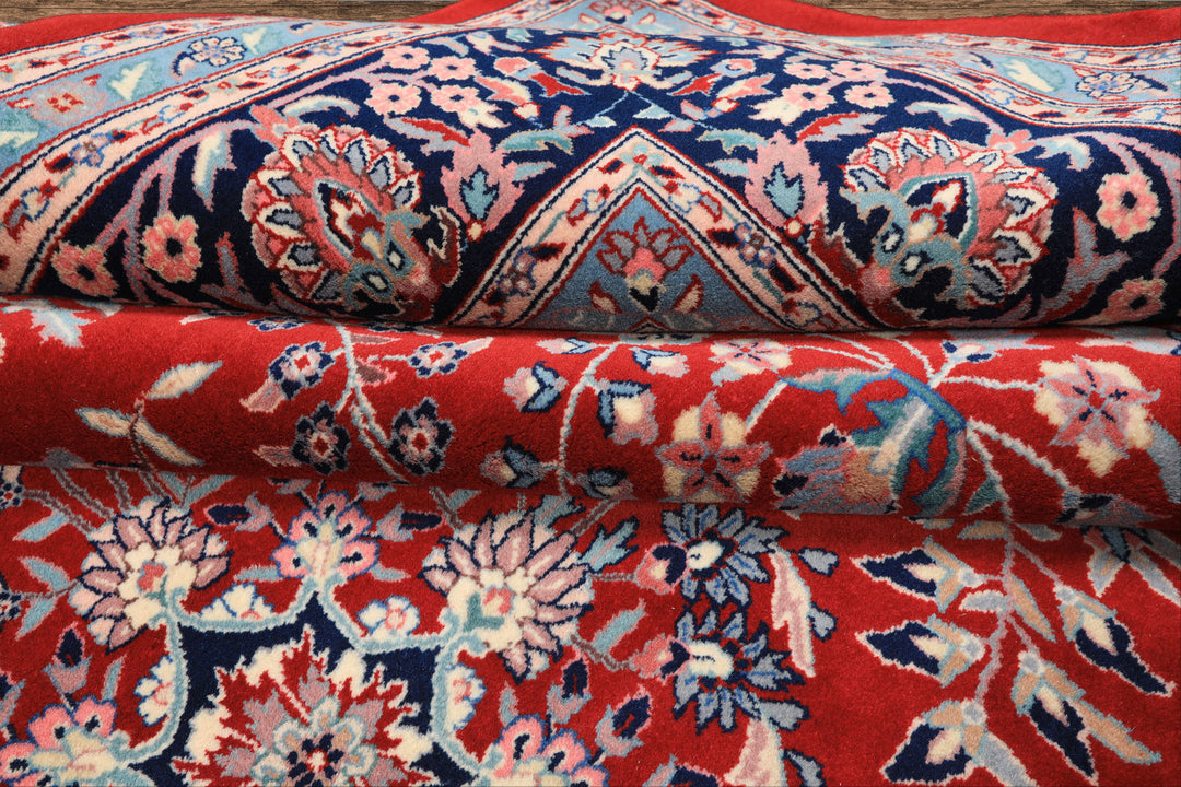 8x10 Red, Navy, Aqua Color Hand Knotted Indo Sarouk New Zealand Wool Traditional Oriental Rug