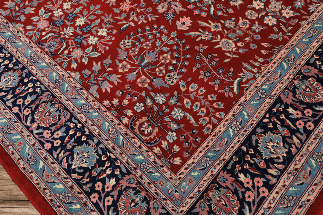 8x10 Red, Navy, Aqua Color Hand Knotted Indo Sarouk New Zealand Wool Traditional Oriental Rug