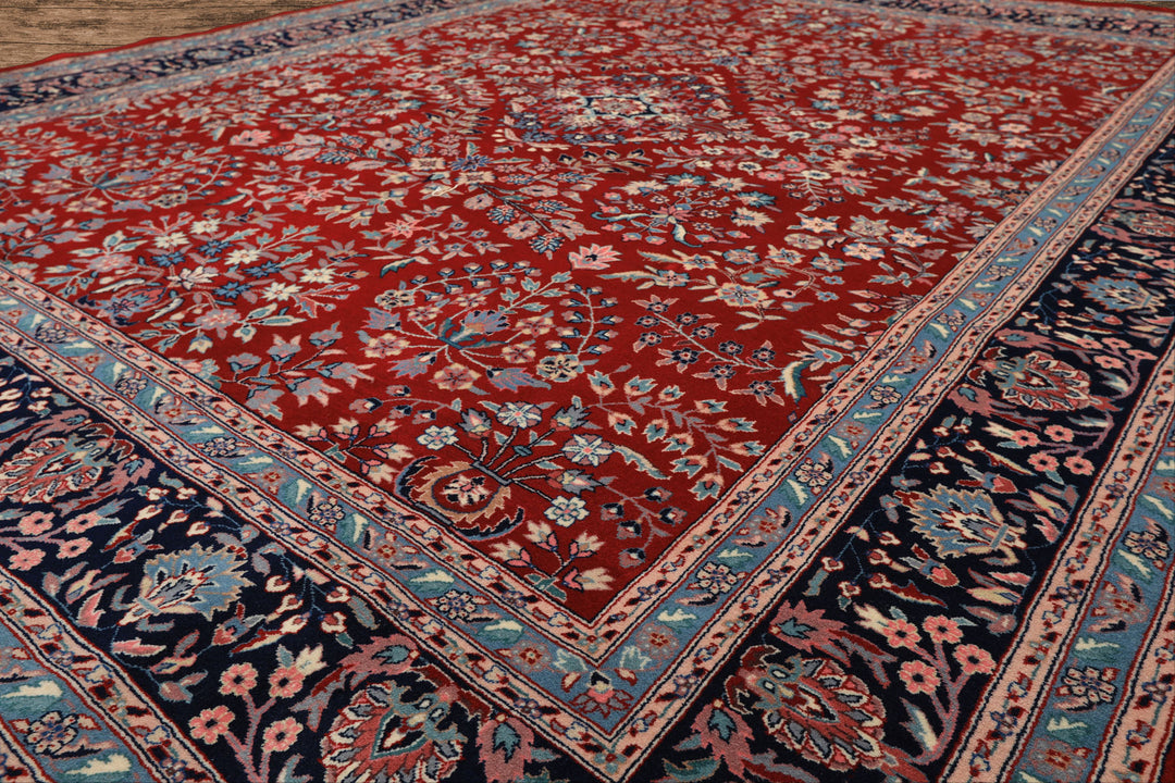 8x10 Red, Navy, Aqua Color Hand Knotted Indo Sarouk New Zealand Wool Traditional Oriental Rug
