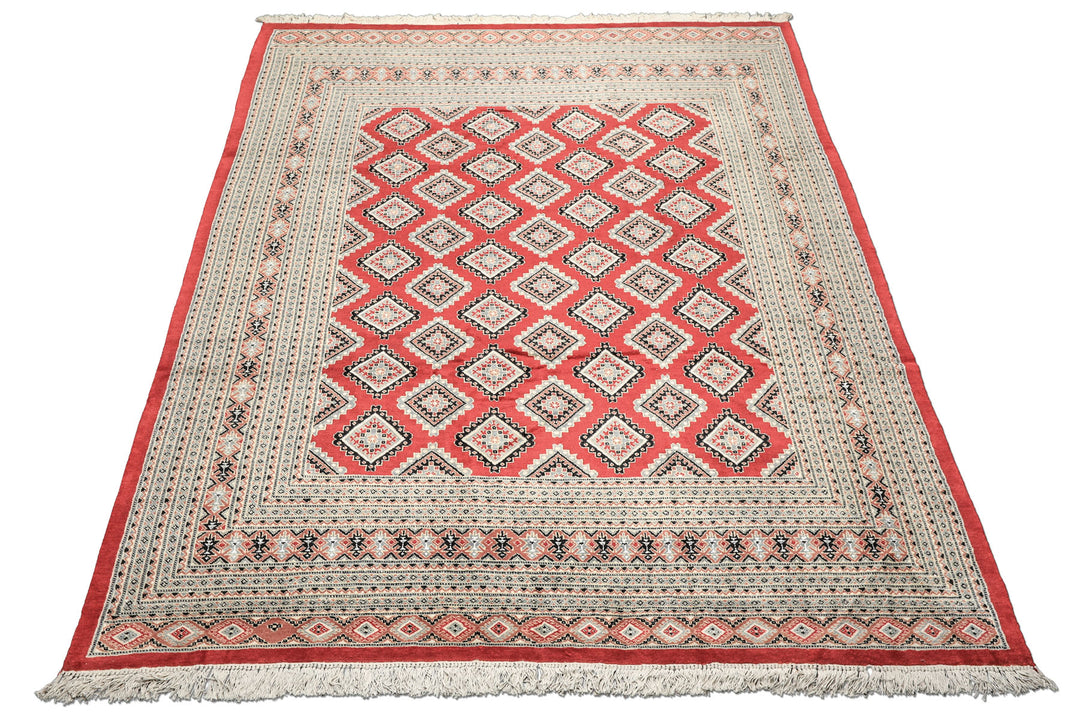 8x11 Coral, Ivory, Charcoal Color Hand Knotted Bokhara Wool Traditional Oriental Rug