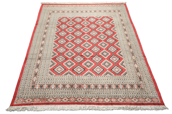 8x11 Coral, Ivory, Charcoal Color Hand Knotted Bokhara Wool Traditional Oriental Rug