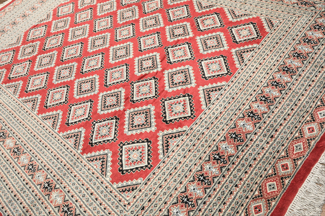 8x11 Coral, Ivory, Charcoal Color Hand Knotted Bokhara Wool Traditional Oriental Rug