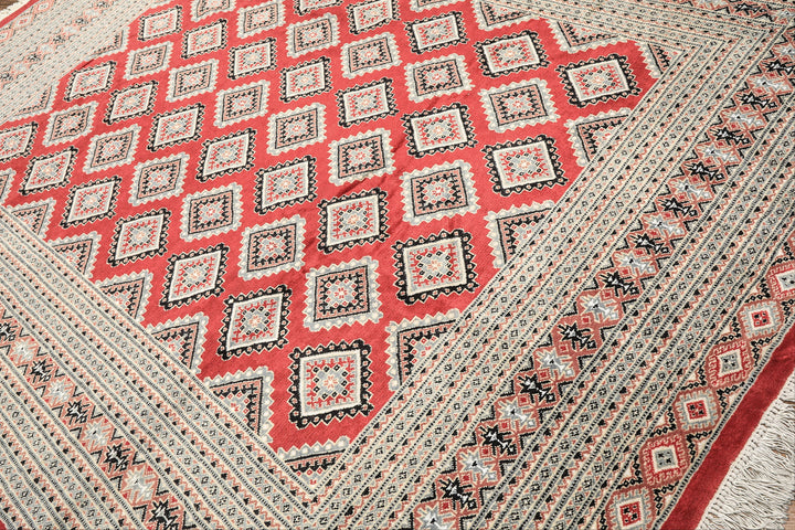 8x11 Coral, Ivory, Charcoal Color Hand Knotted Bokhara Wool Traditional Oriental Rug