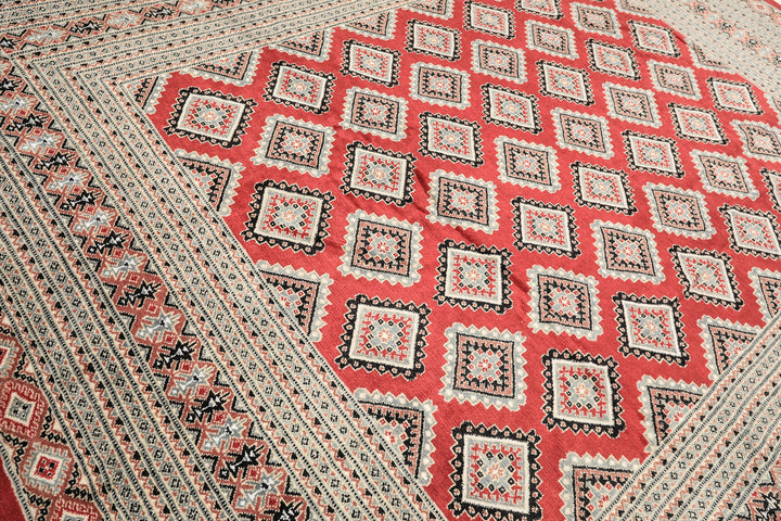 8x11 Coral, Ivory, Charcoal Color Hand Knotted Bokhara Wool Traditional Oriental Rug