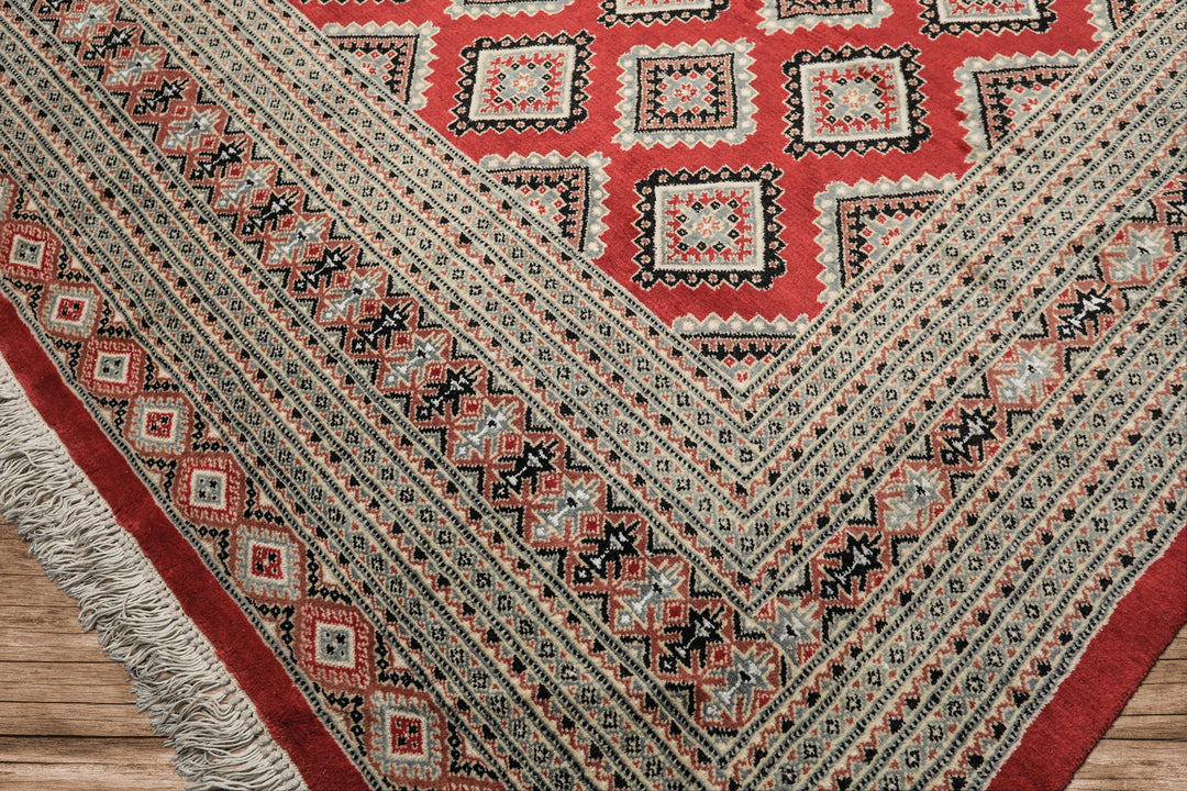 8x11 Coral, Ivory, Charcoal Color Hand Knotted Bokhara Wool Traditional Oriental Rug