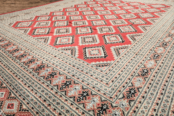 8x11 Coral, Ivory, Charcoal Color Hand Knotted Bokhara Wool Traditional Oriental Rug