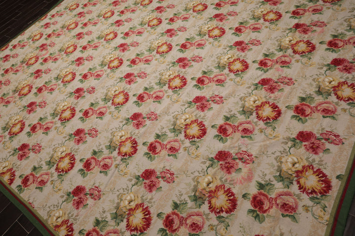 9x12 Ivory, Green, Rose Color Hand Woven French Aubusson Needlepoint Wool Modern Oriental Rug