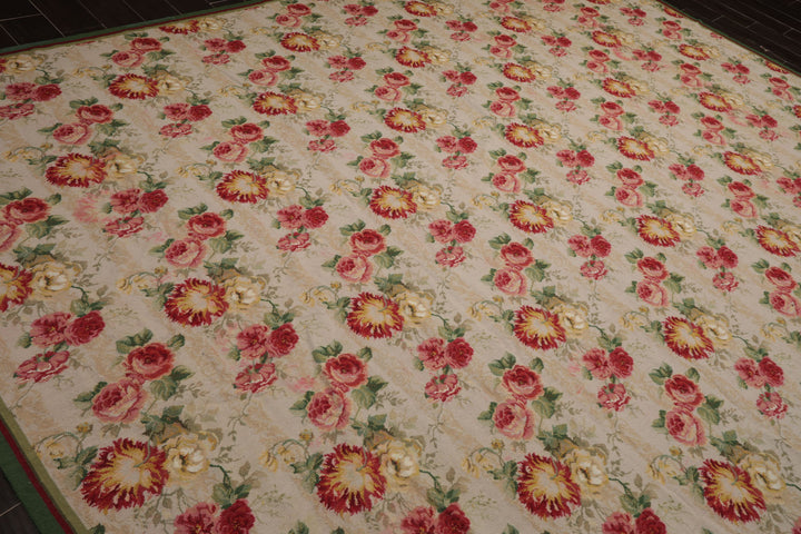 9x12 Ivory, Green, Rose Color Hand Woven French Aubusson Needlepoint Wool Modern Oriental Rug