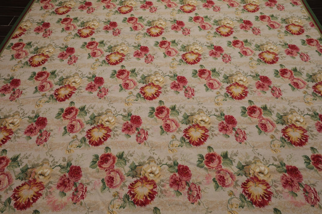 9x12 Ivory, Green, Rose Color Hand Woven French Aubusson Needlepoint Wool Modern Oriental Rug
