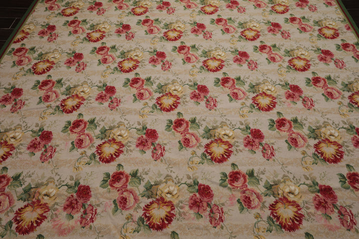 9x12 Ivory, Green, Rose Color Hand Woven French Aubusson Needlepoint Wool Modern Oriental Rug