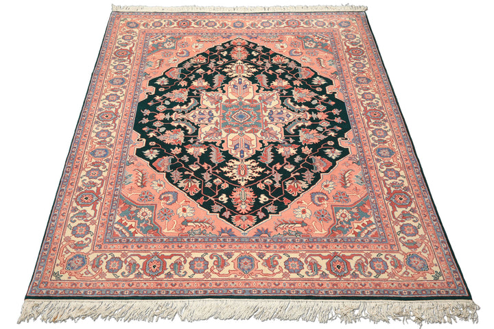 8x10 Emerald, Blush, Ivory Color Hand Knotted Indo Heriz Wool Traditional Oriental Rug