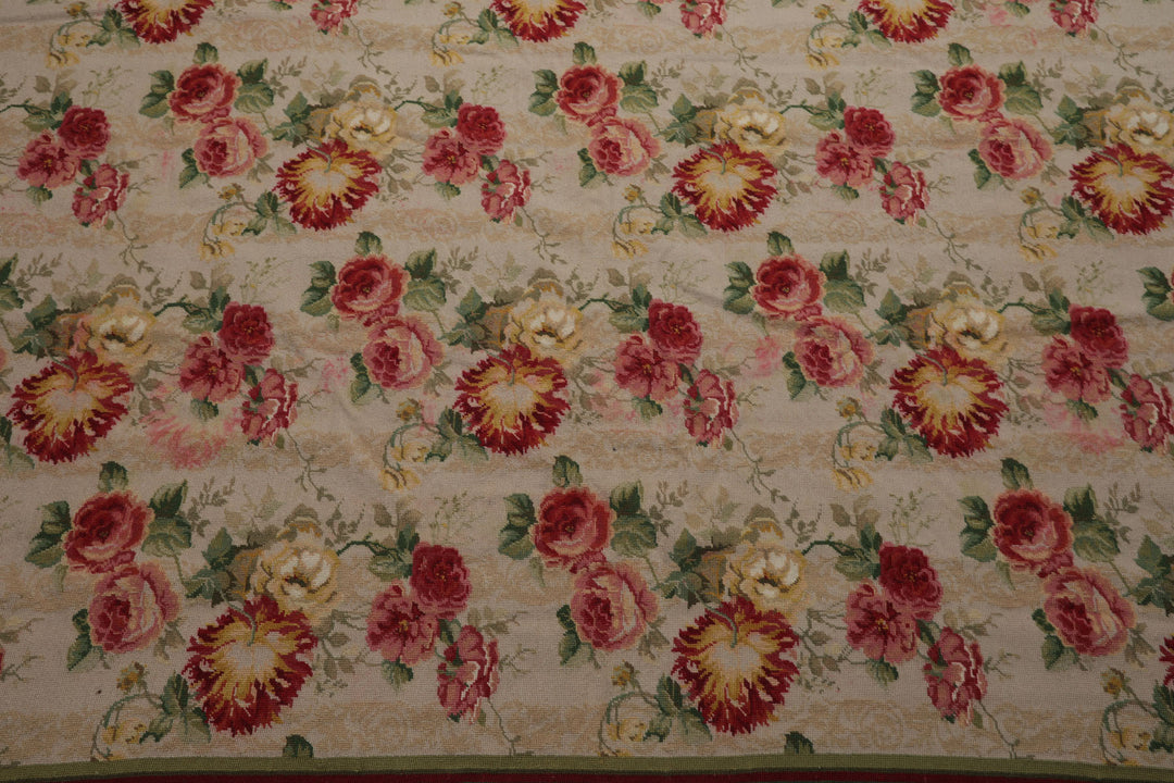 9x12 Ivory, Green, Rose Color Hand Woven French Aubusson Needlepoint Wool Modern Oriental Rug