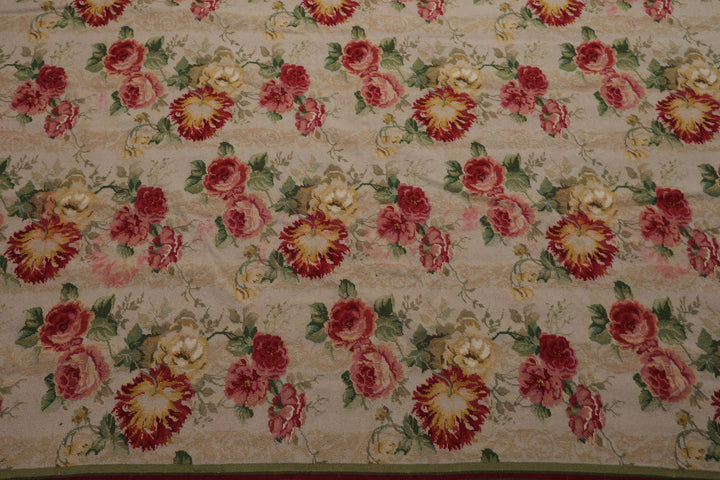 9x12 Ivory, Green, Rose Color Hand Woven French Aubusson Needlepoint Wool Modern Oriental Rug