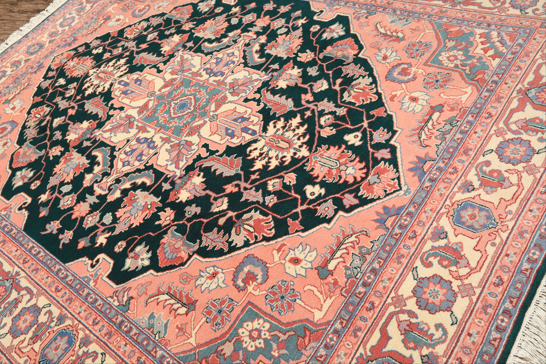 8x10 Emerald, Blush, Ivory Color Hand Knotted Indo Heriz Wool Traditional Oriental Rug