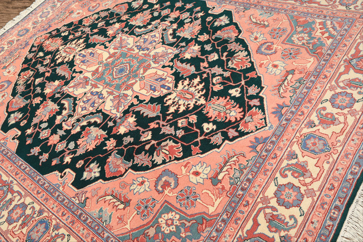 8x10 Emerald, Blush, Ivory Color Hand Knotted Indo Heriz Wool Traditional Oriental Rug