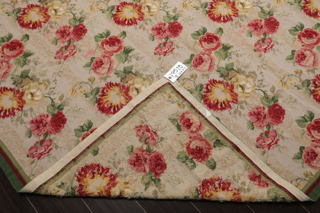 9x12 Ivory, Green, Rose Color Hand Woven French Aubusson Needlepoint Wool Modern Oriental Rug