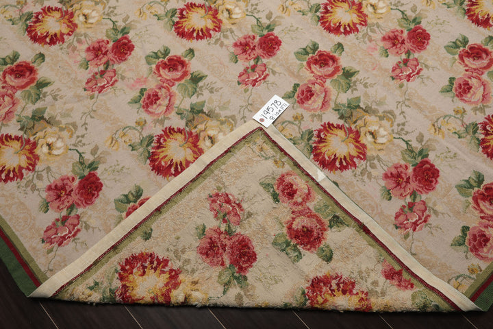 9x12 Ivory, Green, Rose Color Hand Woven French Aubusson Needlepoint Wool Modern Oriental Rug