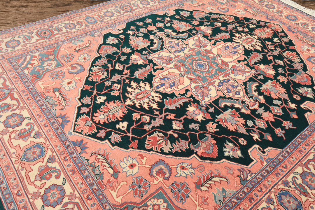 8x10 Emerald, Blush, Ivory Color Hand Knotted Indo Heriz Wool Traditional Oriental Rug