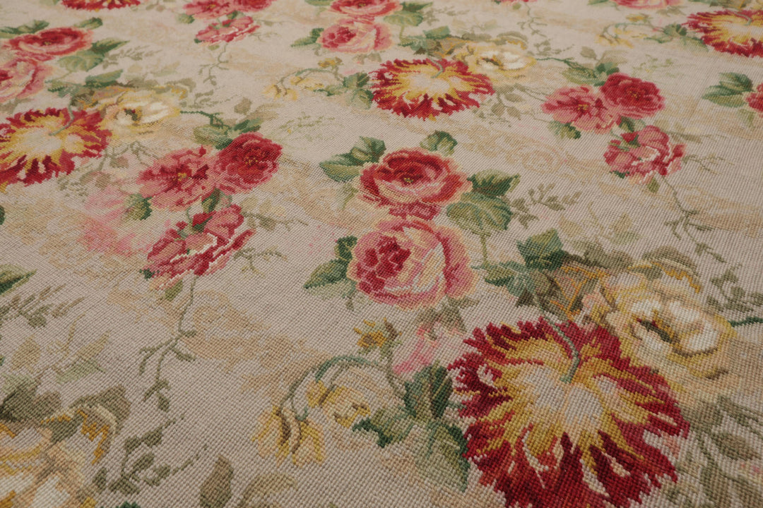 9x12 Ivory, Green, Rose Color Hand Woven French Aubusson Needlepoint Wool Modern Oriental Rug