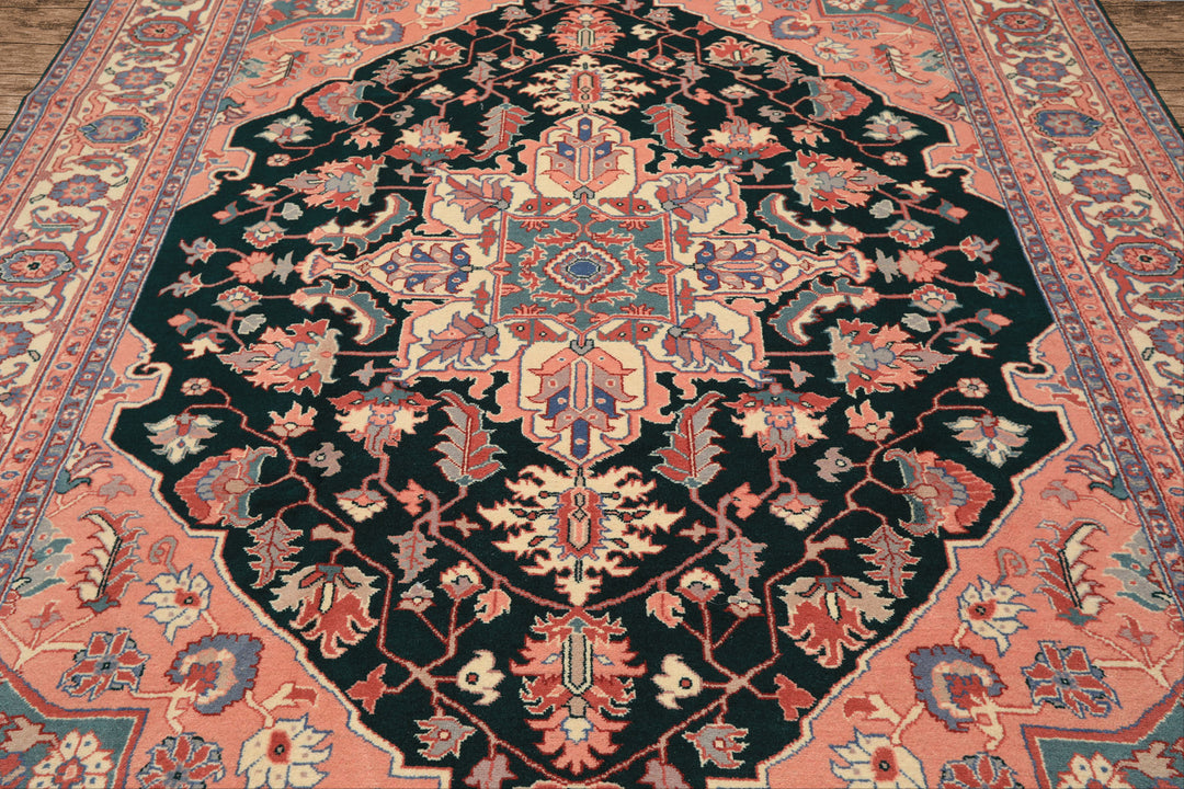 8x10 Emerald, Blush, Ivory Color Hand Knotted Indo Heriz Wool Traditional Oriental Rug