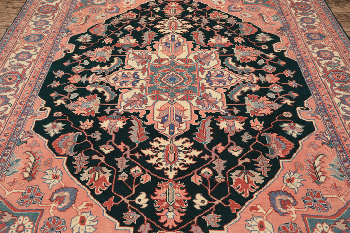 8x10 Emerald, Blush, Ivory Color Hand Knotted Indo Heriz Wool Traditional Oriental Rug