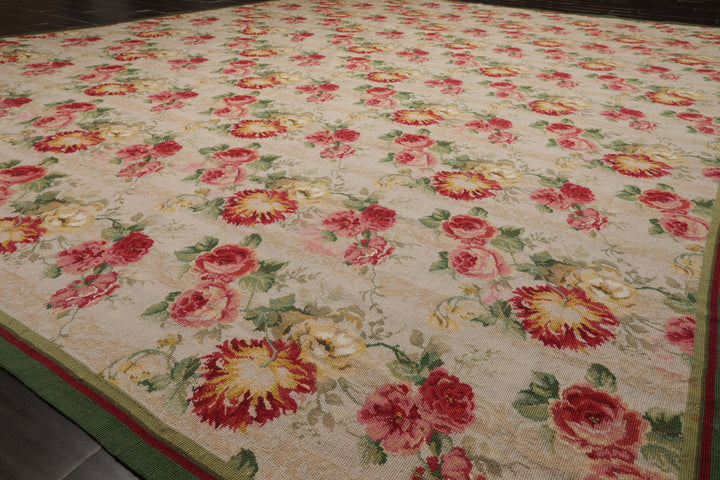 9x12 Ivory, Green, Rose Color Hand Woven French Aubusson Needlepoint Wool Modern Oriental Rug