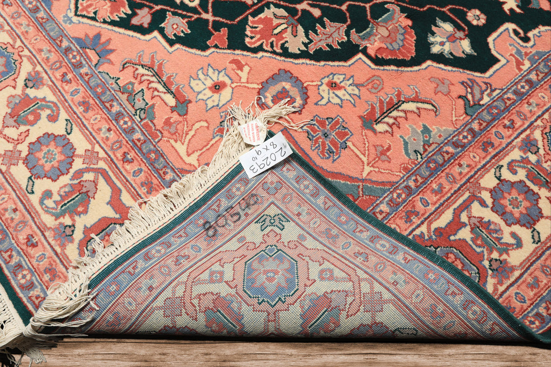 8x10 Emerald, Blush, Ivory Color Hand Knotted Indo Heriz Wool Traditional Oriental Rug
