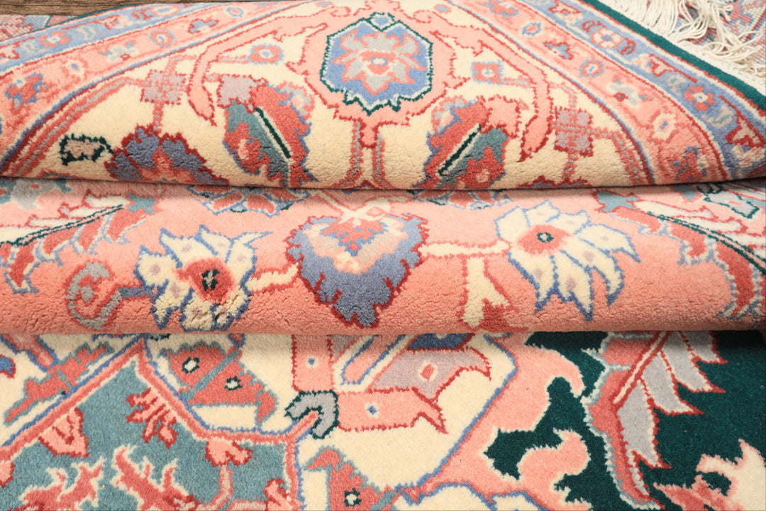 8x10 Emerald, Blush, Ivory Color Hand Knotted Indo Heriz Wool Traditional Oriental Rug
