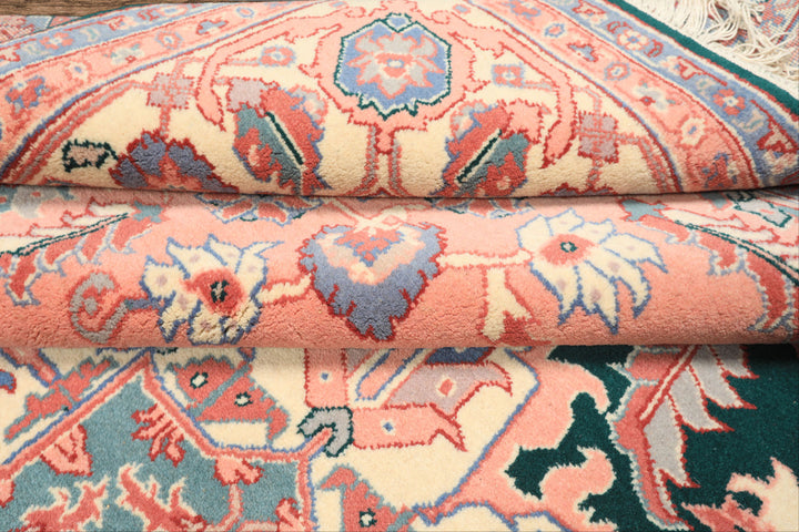 8x10 Emerald, Blush, Ivory Color Hand Knotted Indo Heriz Wool Traditional Oriental Rug