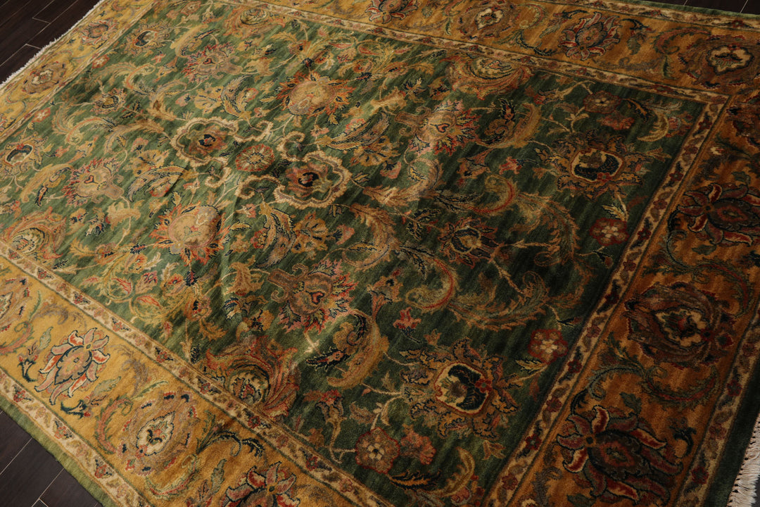 6x9 Green, Gold, Burnt Orange Color Hand Knotted Agra Wool Traditional Botanical Oriental Rug