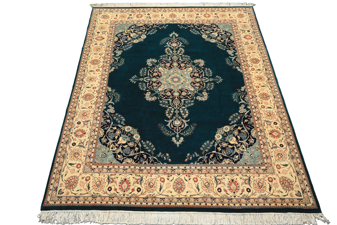 8x10 Teal, Ivory, Navy Color Hand Knotted Pak Persian New Zealand Wool Traditional Oriental Rug