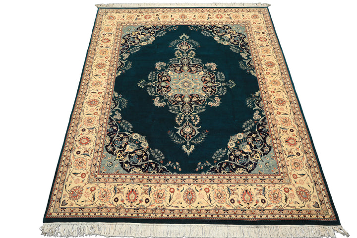 8x10 Teal, Ivory, Navy Color Hand Knotted Pak Persian New Zealand Wool Traditional Oriental Rug