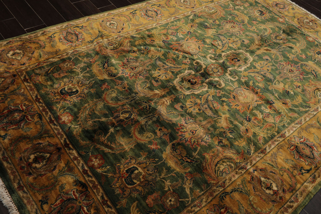 6x9 Green, Gold, Burnt Orange Color Hand Knotted Agra Wool Traditional Botanical Oriental Rug