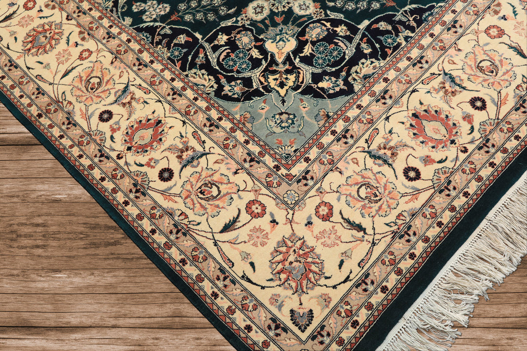 8x10 Teal, Ivory, Navy Color Hand Knotted Pak Persian New Zealand Wool Traditional Oriental Rug
