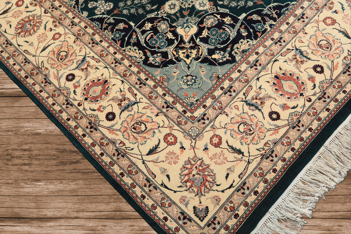 8x10 Teal, Ivory, Navy Color Hand Knotted Pak Persian New Zealand Wool Traditional Oriental Rug