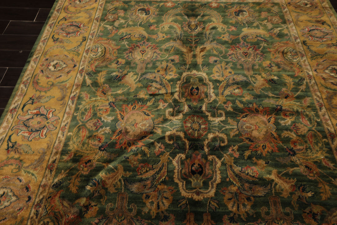 6x9 Green, Gold, Burnt Orange Color Hand Knotted Agra Wool Traditional Botanical Oriental Rug