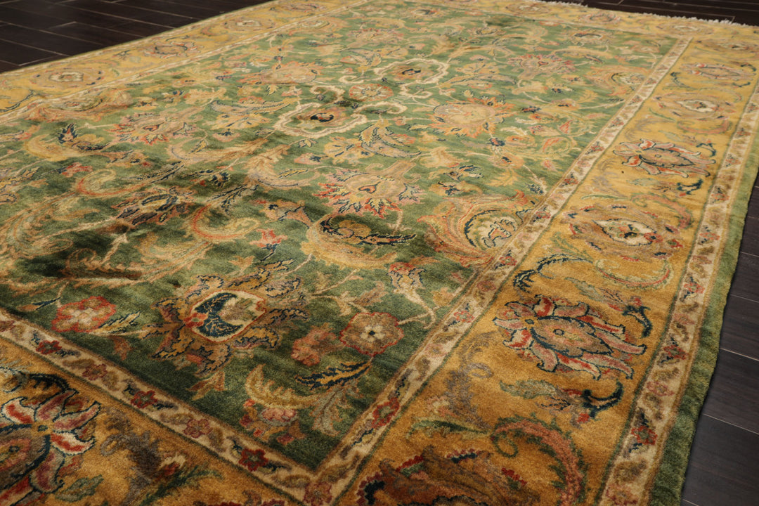 6x9 Green, Gold, Burnt Orange Color Hand Knotted Agra Wool Traditional Botanical Oriental Rug