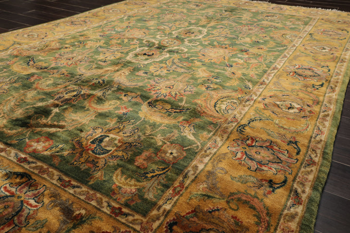 6x9 Green, Gold, Burnt Orange Color Hand Knotted Agra Wool Traditional Botanical Oriental Rug